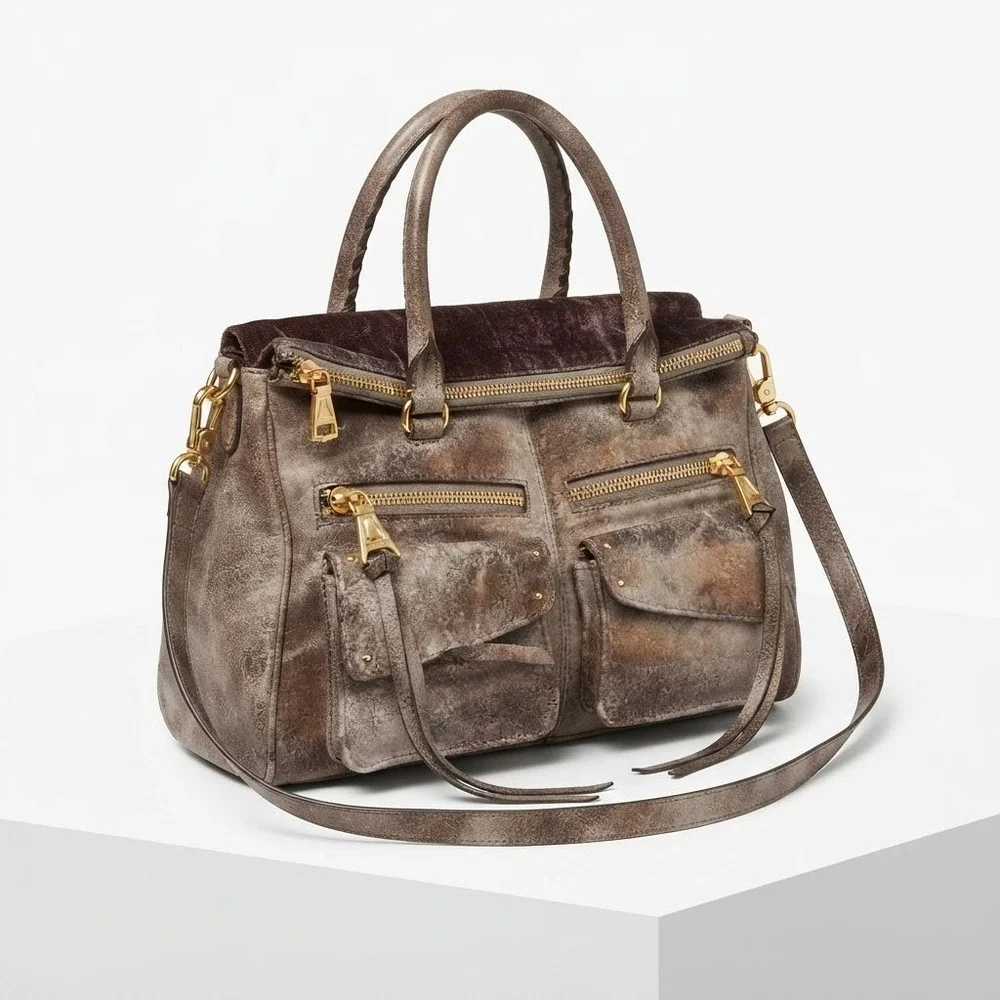 Aimee Kestenberg Women Riviera Satchel Gunmetal Leather Distressed Metallic